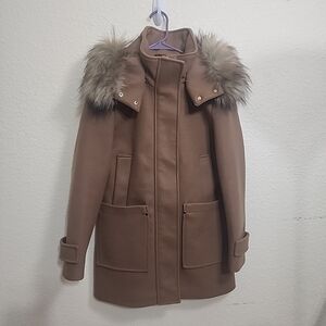Nine West Camel Hooded Faux-Fur Trim Zip/ Snap Pea Coat Size XS